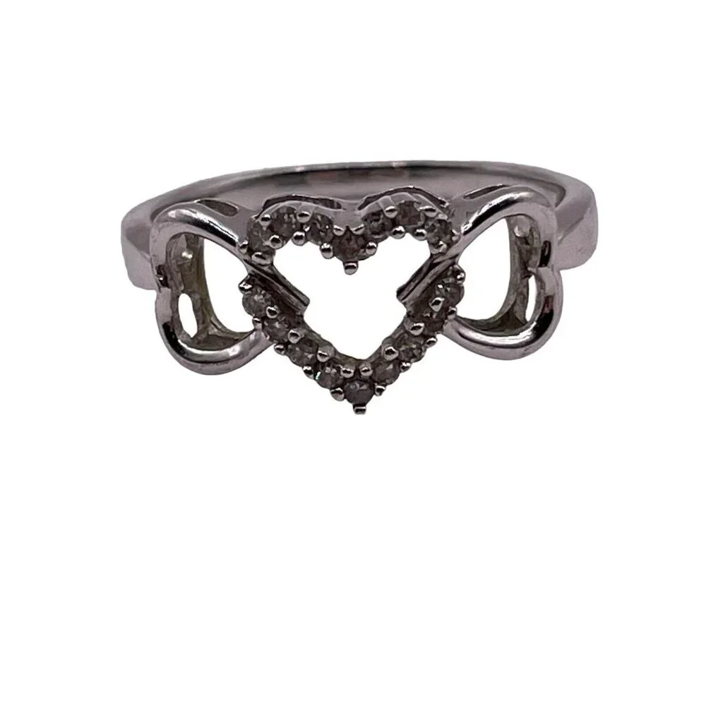 Diamond Linked Heart Promise Ring 10k‎ White Gold Size 6.5 Past Present Future